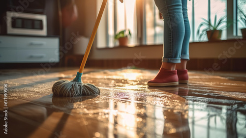 A young woman cleaning floor with wet mop at home.generative ai photo
