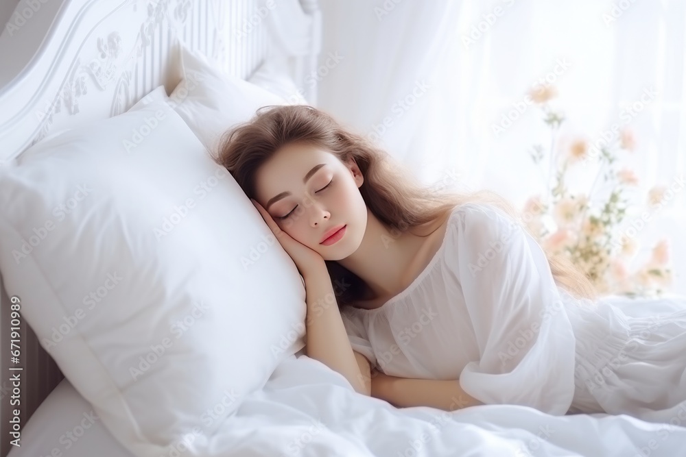 young beautiful woman sleeping on a white pillow in bed young beautiful woman sleeping on a white pillow in bed