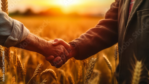 Two farmers shake hands in front of a wheat field.generative ai photo
