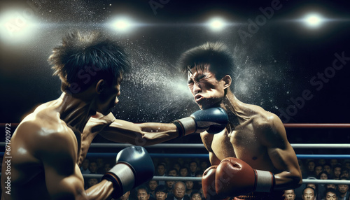 Impactful Boxing Match Photo: Male Boxer Taking Powerful Left Hook with Sweat and Spit Flying, Spotlight on Fighters with Blurred Ring Background © God Image