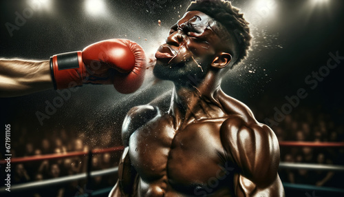 Impactful Boxing Match Photo: Male Boxer Taking Powerful Left Hook with Sweat and Spit Flying, Spotlight on Fighters with Blurred Ring Background © God Image