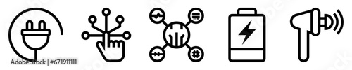 Conjunto de iconos de electrónica. Tecnología. cable con enchufe, pantalla tecnológica, componentes del circuito, batería, auriculares inalámbricos. Ilustración vectorial