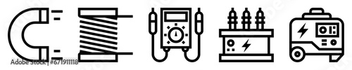 Conjunto de iconos de inducción. Campo magnético y electricidad. Imán, bobina, voltímetro, transformador, generador eléctrico. Ilustración vectorial