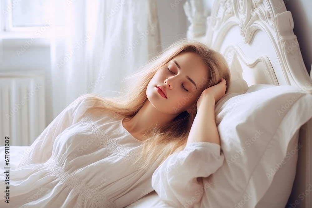 young beautiful woman sleeping on a white pillow in bed young beautiful woman sleeping on a white pillow in bed