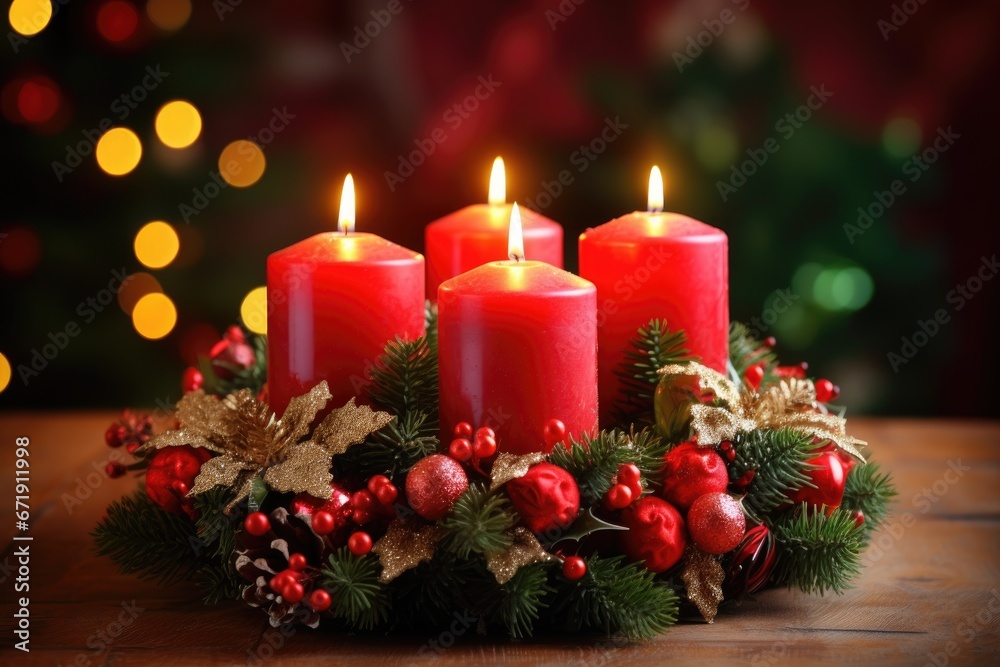 Fourth Advent - decorated Advent wreath from fir branches with red burning candles on a wooden table in the time before Christmas, festive bokeh in the warm dark background