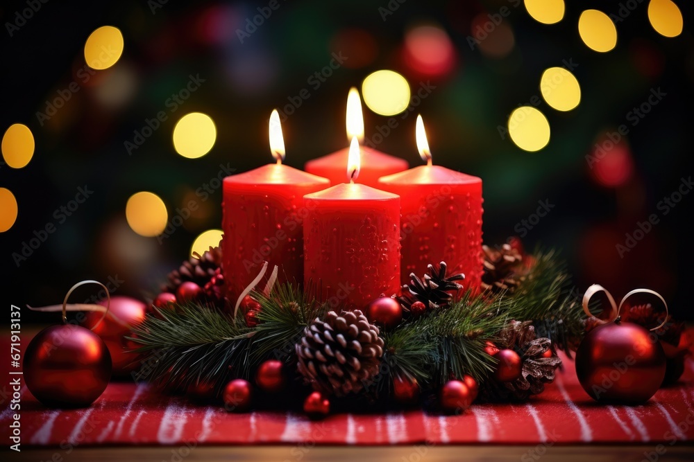 decorated Advent wreath from fir branches with red burning candles on a wooden table , festive bokeh in the warm dark background