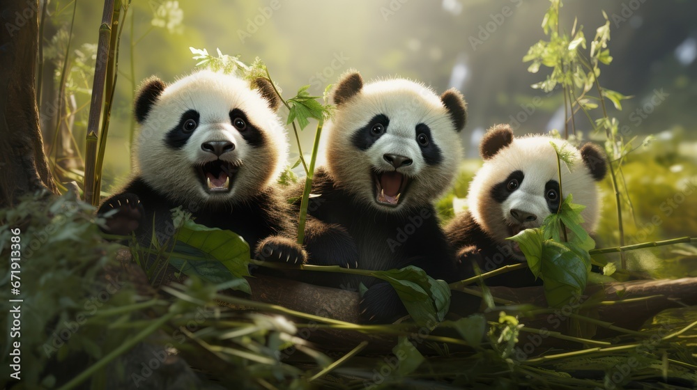Obraz premium Playful pandas, endearing moments captured in the bamboo forest
