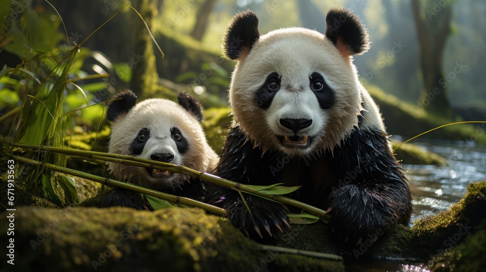 Fototapeta premium Playful pandas, endearing moments captured in the bamboo forest
