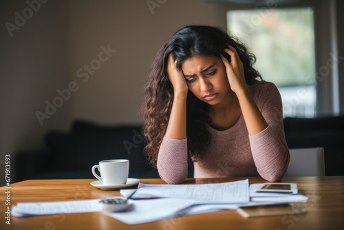 A portrait of a young woman sitting by a desk and being worried about bills and debt  finances  stress  financial challenges  budgeting. A concept of financial instability