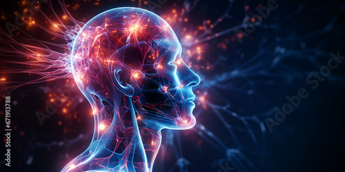 3d illustration showing active brain and energetic Human head with glowing neurons in brain Esoteric and meditation concept Connection with other worlds. AI Generative