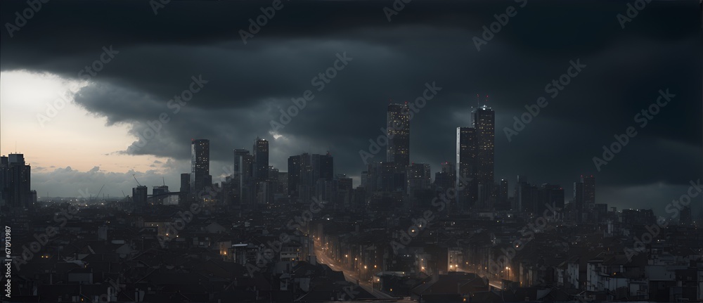 Fototapeta premium City landscape with dark cloudy sky from Generative AI