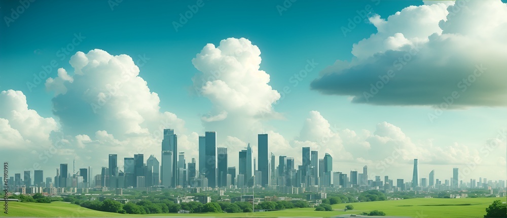 City landscape with green cloudy sky from Generative AI