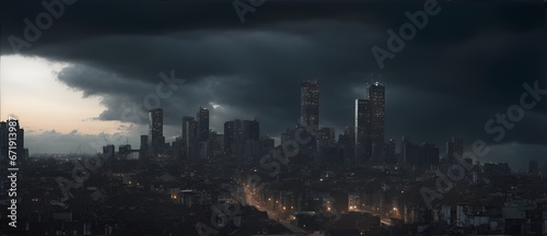 City landscape with dark cloudy sky from Generative AI