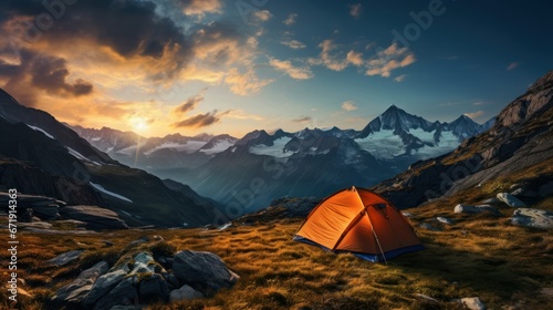 Tent set high in the mountains for a breathtaking adventure © vectorizer88