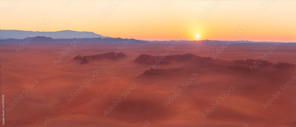 Aerial view of a desert landscape at sunset with blue sky from Generative AI