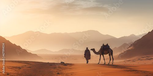 People riding camels on a sand dune in the desert A wild camel walks through the Sahara Desert.AI Generative