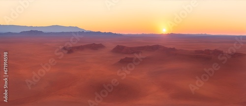 Aerial view of a desert landscape at sunset with blue sky from Generative AI