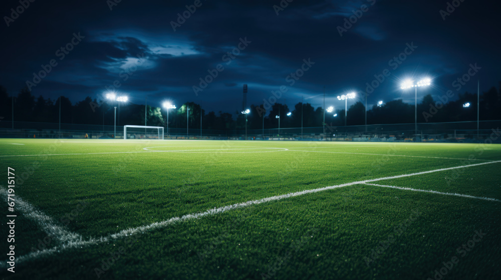 Lights shine brightly on the soccer field, ready for action