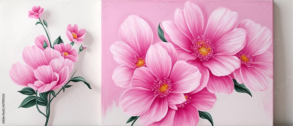 Pink flowers wall art painting with long brush strokes from Generative AI