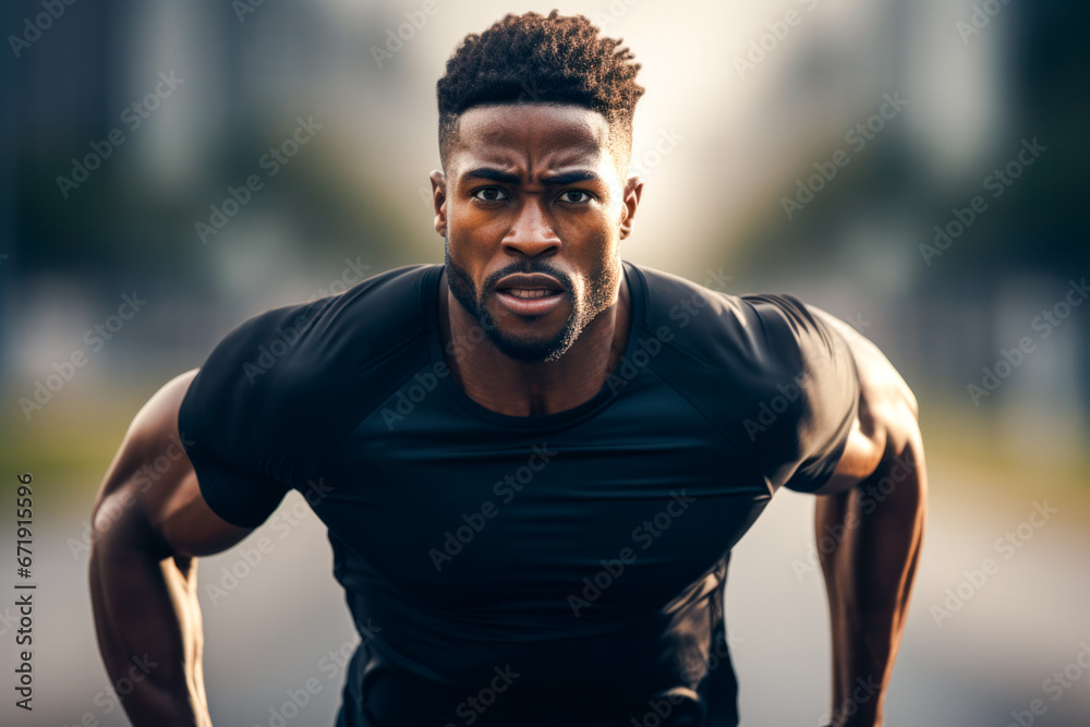 A determined athlete running on a track. Concept of training, sports and competition