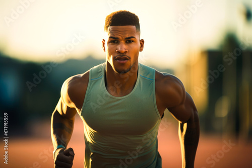 A determined athlete running on a track. Concept of training, sports and competition