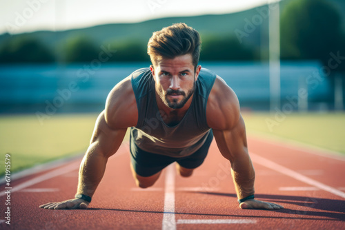 A determined athlete training on a track. Concept of training, sports and competition photo