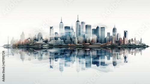 Cityscape mirrored against a white backdrop
