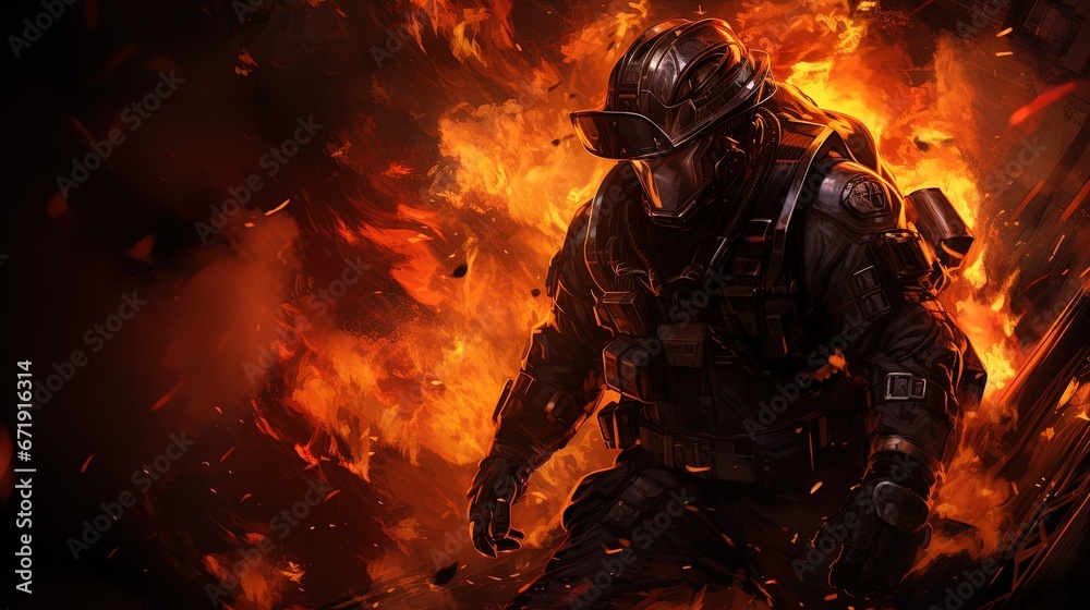 firefighter valor, digital art illustration, Generative AI firefighter valor, digital art illustration, Generative AI