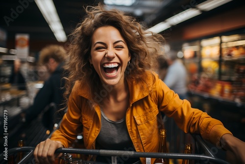 A happy woman in a supermarket