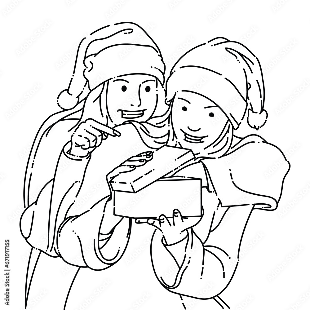 line sketch of two friends exchanging Christmas gifts line sketch of two friends exchanging Christmas gifts