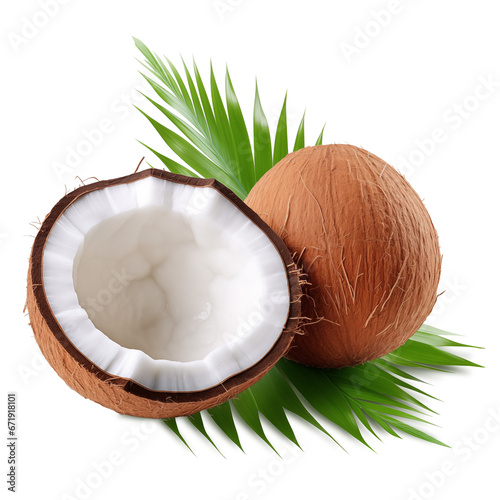 Half and whole coconut slice with green leaves isolated on transparent or white background, png photo