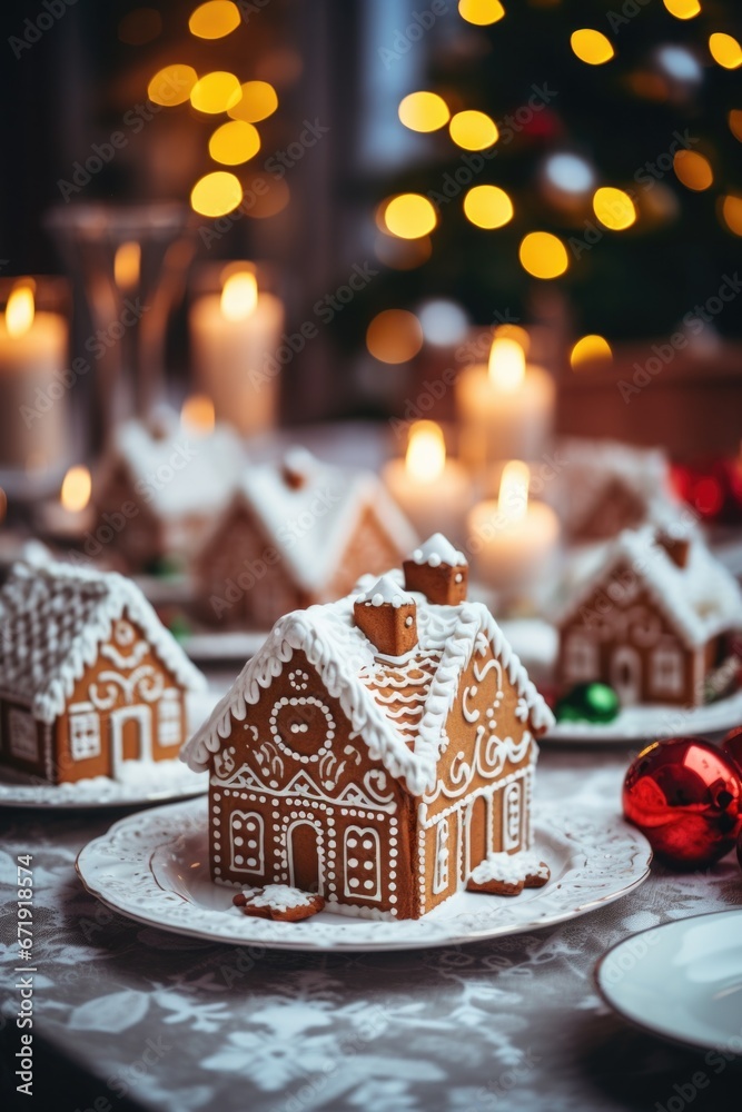 Gingerbread house on table. Defocused lights of Christmas garland. Evening in the living room. Holiday mood. Gingerbread house on table. Defocused lights of Christmas garland. Evening in the living room. Holiday mood.