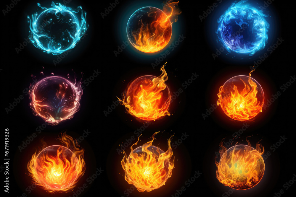 A set of magic power fire and ice lights effects. Isolated on a black background. Magical, sorcery concept - obrazy, fototapety, plakaty 