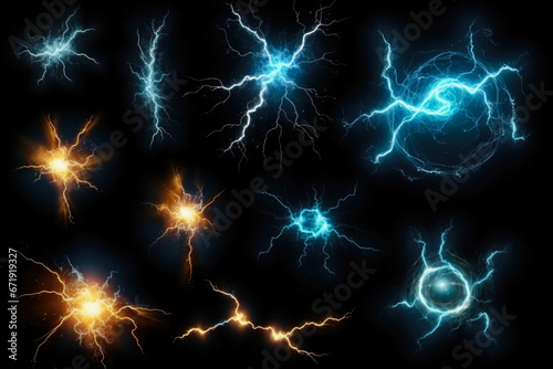 A set of electric thunder bolts, lights effects. Isolated on a black background. Magical, sorcery concept