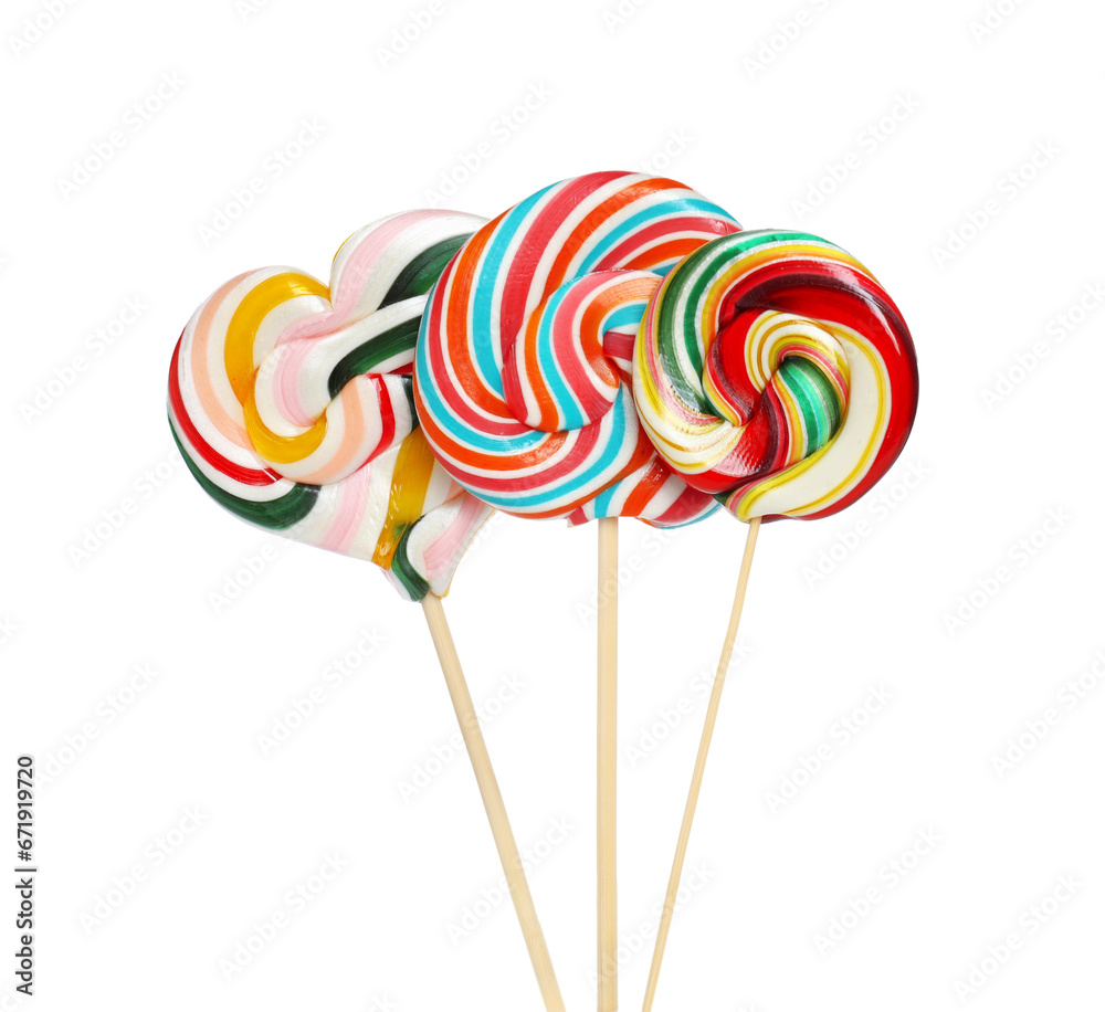 Sticks with different colorful lollipops isolated on white Sticks with different colorful lollipops isolated on white