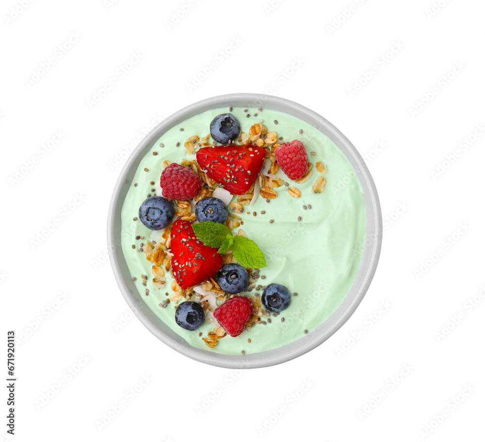 Tasty matcha smoothie bowl served with berries and oatmeal isolated on white, top view. Healthy breakfast Tasty matcha smoothie bowl served with berries and oatmeal isolated on white, top view. Healthy breakfast
