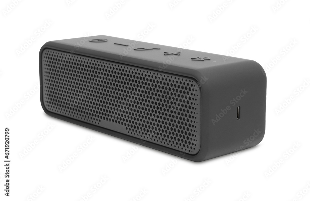 One black portable bluetooth speaker isolated on white. Audio equipment One black portable bluetooth speaker isolated on white. Audio equipment