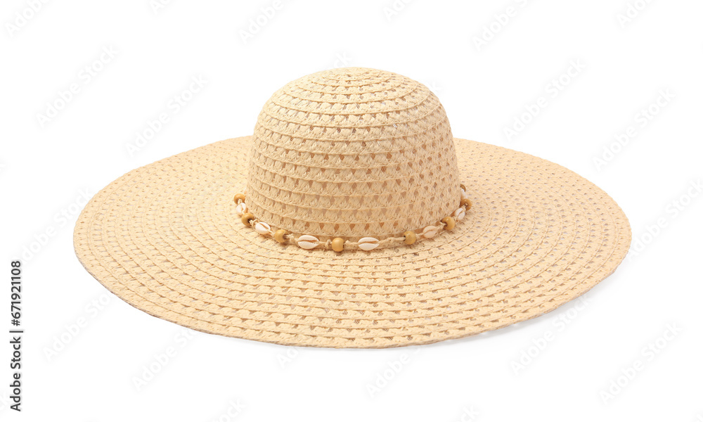 One stylish straw hat isolated on white One stylish straw hat isolated on white