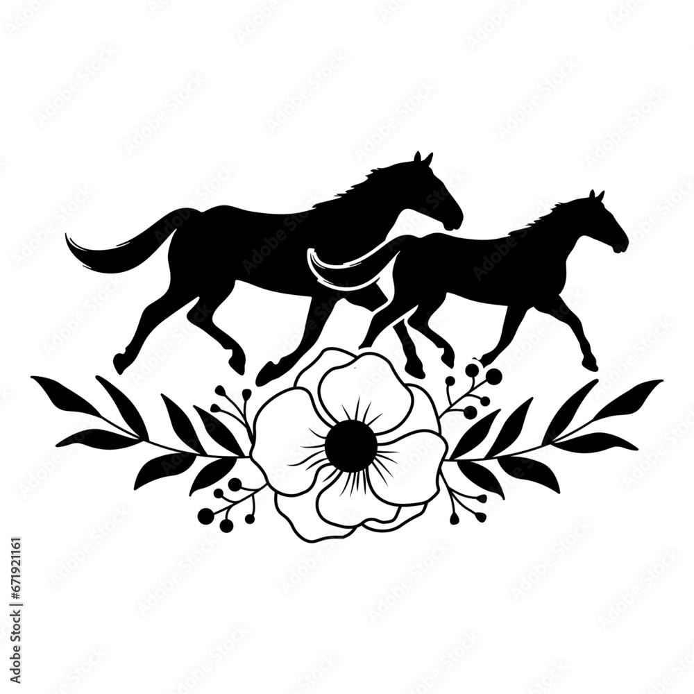 Obraz premium Running Horse With Beautiful Floral, Horse Cutting files, Horse and Flower