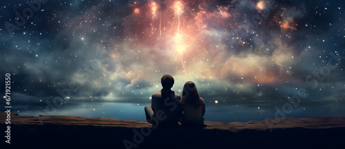 A couple looks up at the fireworks in the sky 1