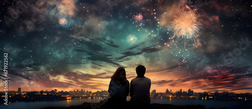 A couple looks up at the fireworks in the sky 8