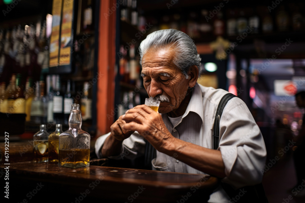 Old hispanic man holding a glass of tequila sitting at a bar counter