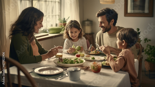 Happy Family Together Around a Beautifully Set Dining Table  Enjoying Nutrient-Rich Vegetables with Beaming Smiles of Pure Delight and Contentment