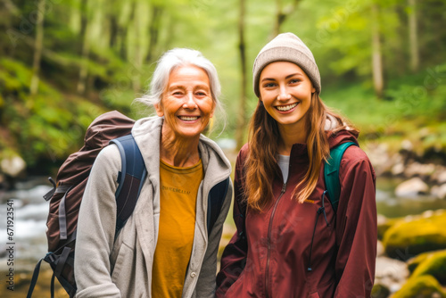 Young woman and her grandmother hiking together in the forest, with a calm stream flowing in the background. Adventures and bonding create a cherished moment in nature's embrace