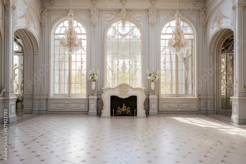 Luxurious vintage interior with fireplace in the aristocratic style. Large Windows and mirrors. Columns and arches, ornament on the glossy floor © malkovkosta