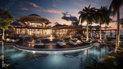 Modern Luxury Resort Image Featuring a Serene Poolside with Elegant Seating by the Seaside Beach © Magenta Dream