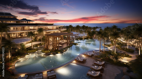 Modern Luxury Resort Image Featuring a Serene Poolside with Elegant Seating by the Seaside Beach