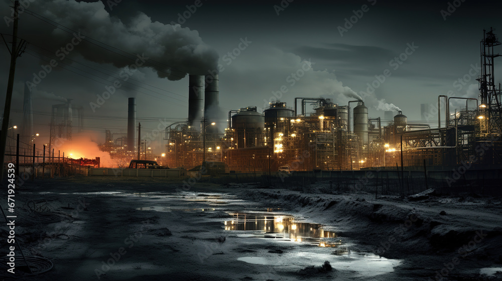 Industrial Facility with Tall Smoke Surrounded by a Picturesque Body of Glistening Water, Creating a Unique and Striking Landscape
