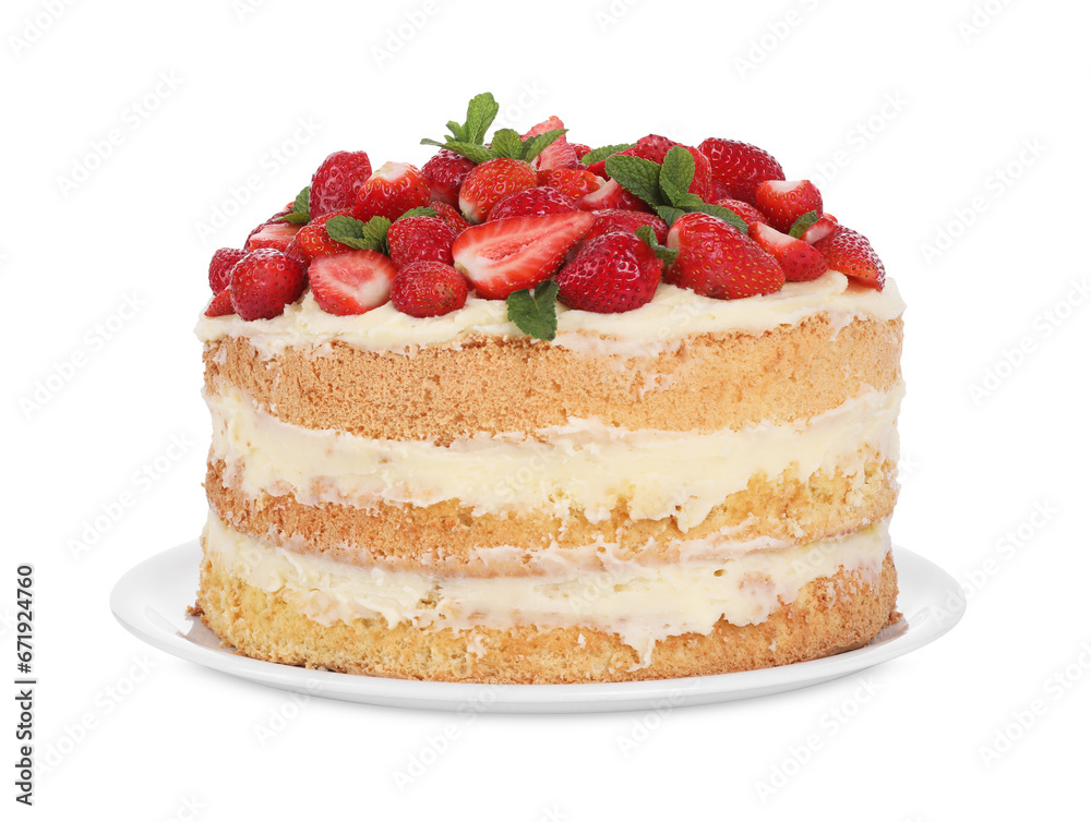 Tasty cake with fresh strawberries and mint isolated on white Tasty cake with fresh strawberries and mint isolated on white