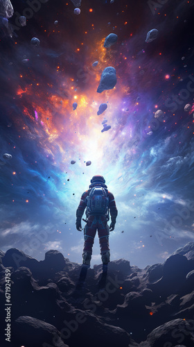 Astronaut Embarking on a Celestial Odyssey Through the Colorful and Vivid Cosmic Clouds of the Unknown, Journeying to the Mystical Realm of Knowhere in the Vast Expanse of Space © Magenta Dream